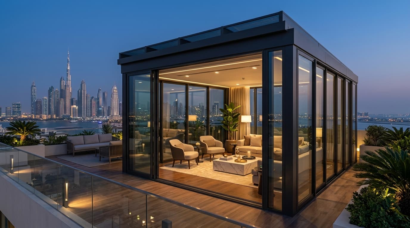 Modern luxury architectural glass room conservatory on Dubai villa terrace
