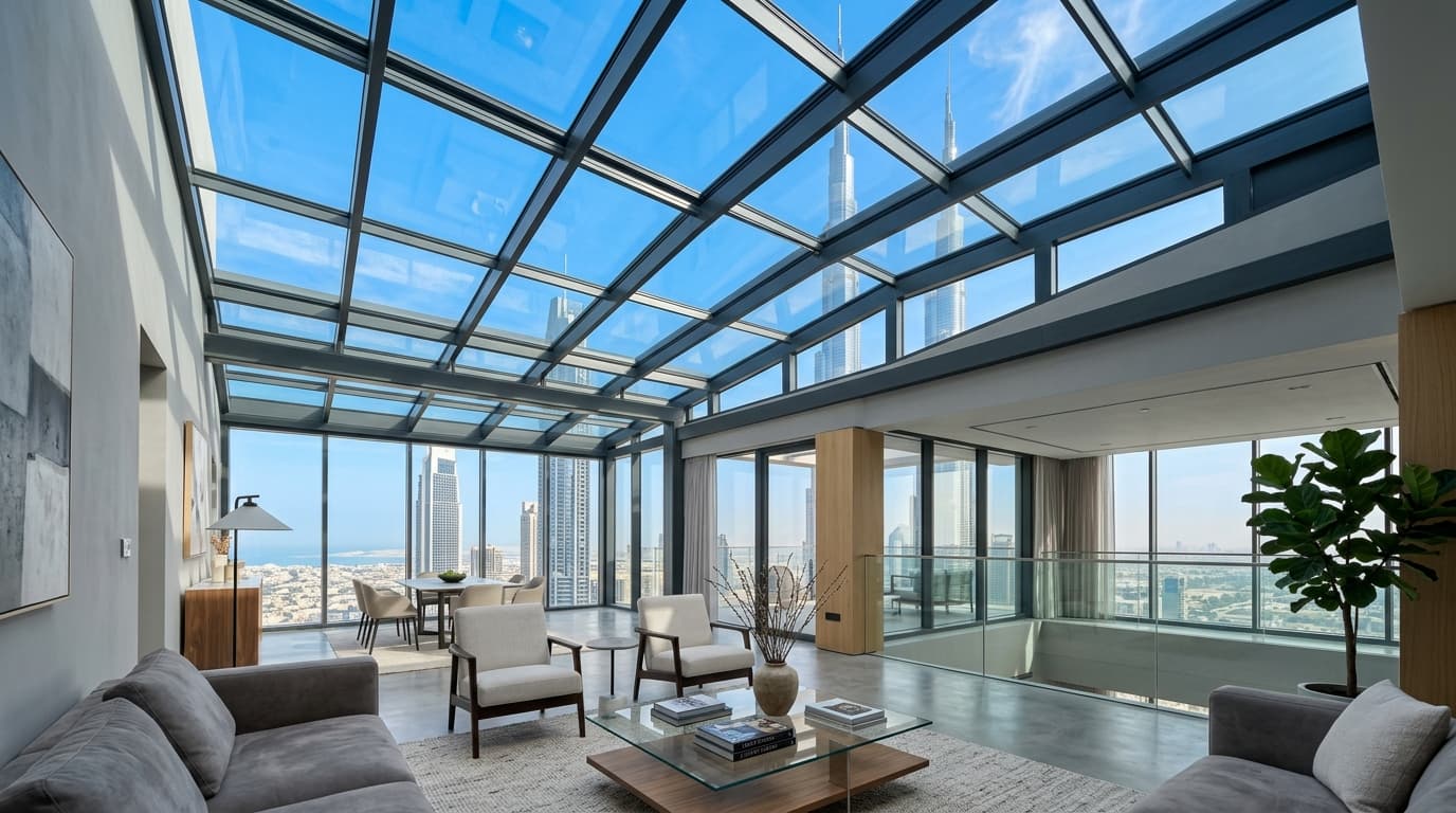 Contemporary luxury villa atrium with structural glass skylight roof in UAE